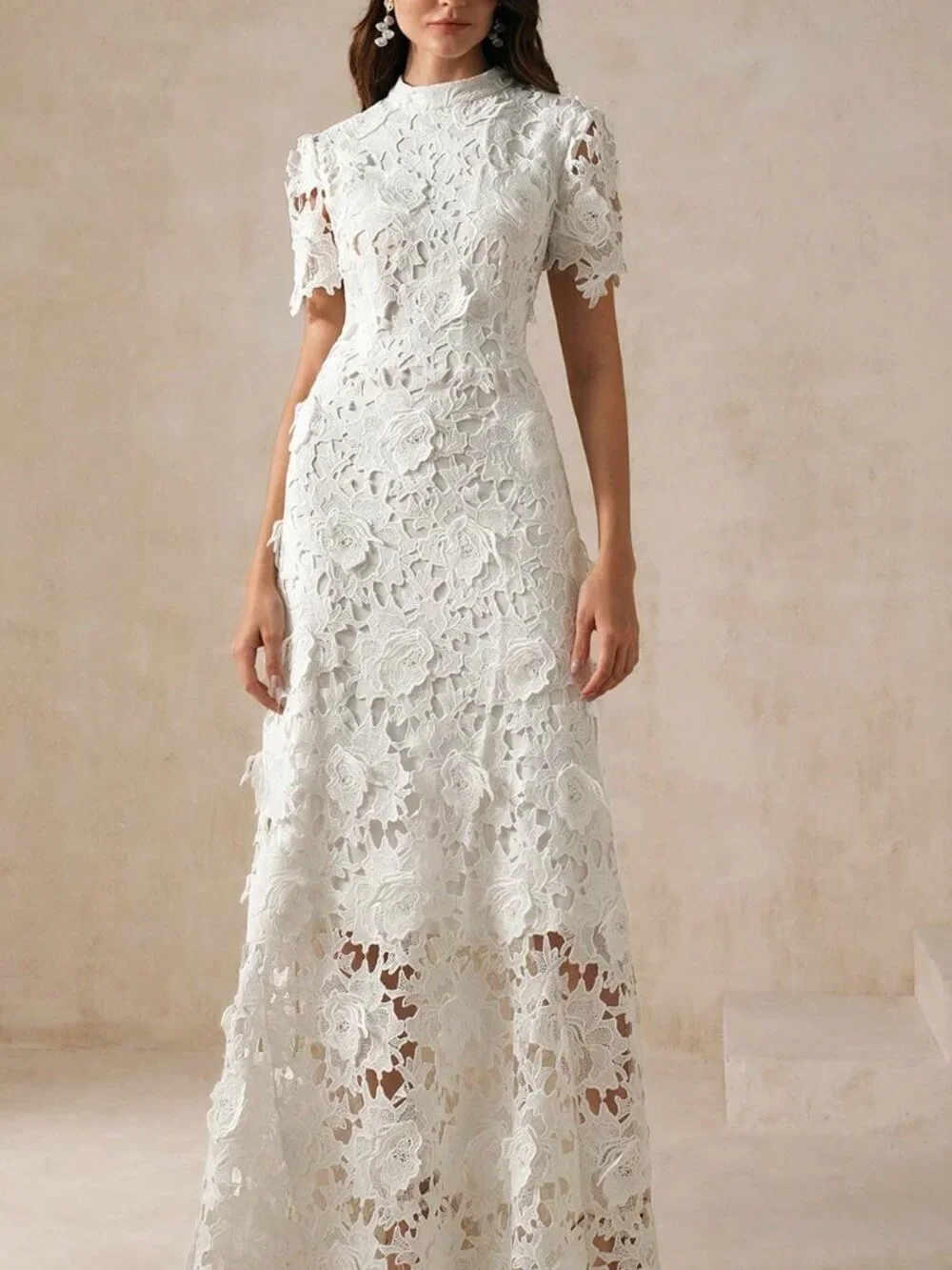 White Elegant Women's Slim Fit Lace Trimmed Maxi Dress - Picture 7 of 7